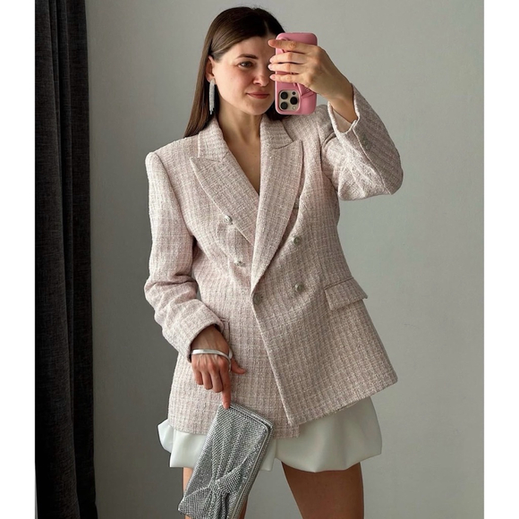 Zara Pink & Silver Tweed Blazer Double Breasted Tailored Jacket Size L NWT - Picture 2 of 14